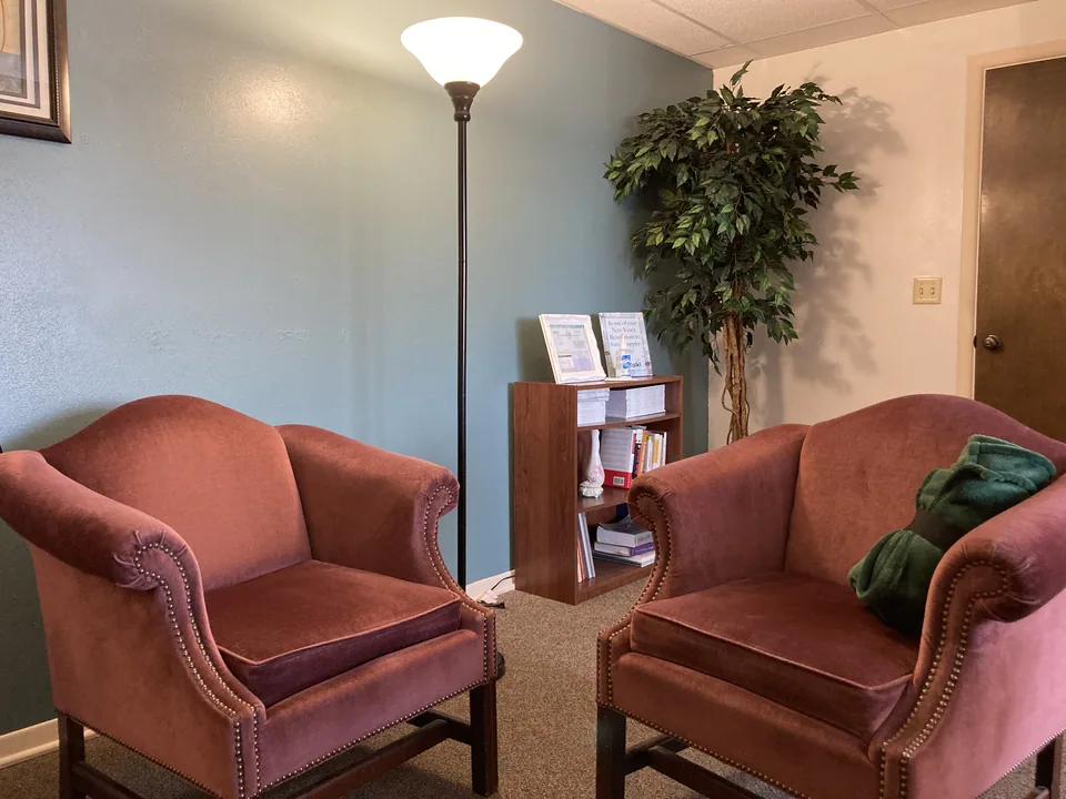Two armchairs in Emilyann's counseling office